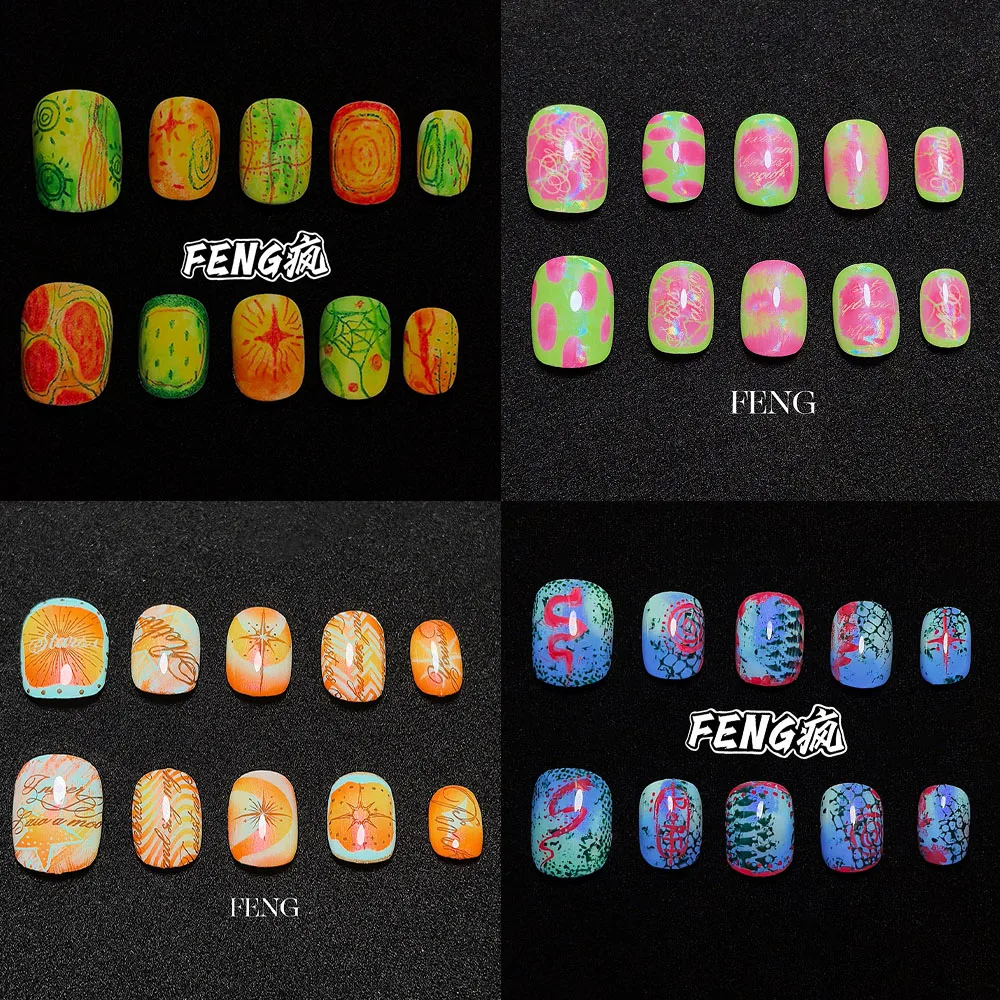 Niche Retro Polka Dots Lines Stars Handmade Nail Art Dopamine Doodle Square Round Press On Nails Birthday Gift Party Stickers