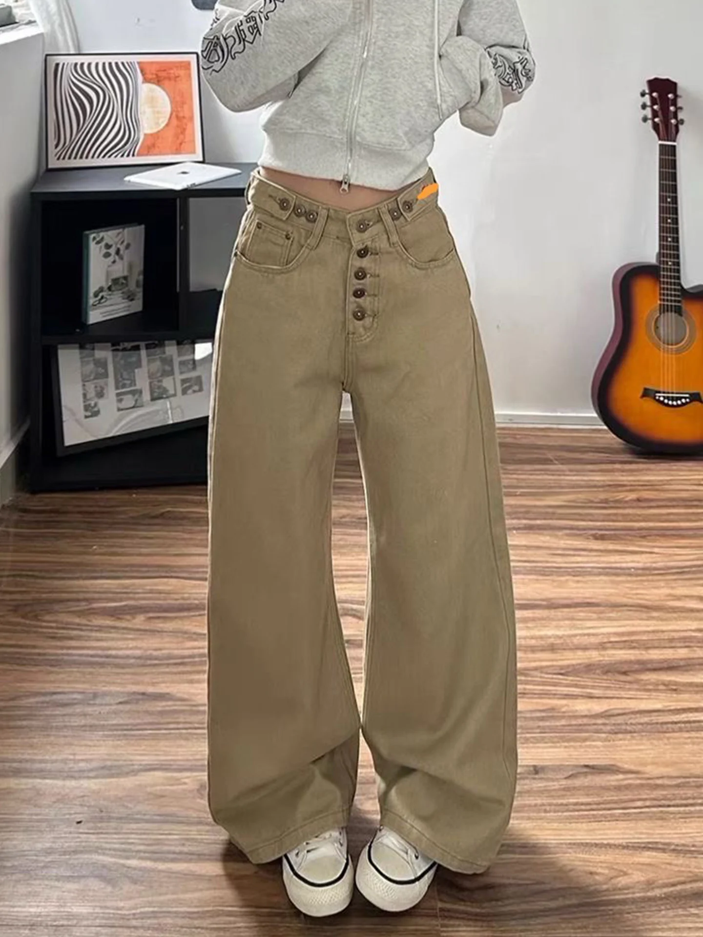 

American Sle Khaki Wide Leg Jeans Women's Spring New Slim Design Button to Floor Pants High Waist ket Denim Pure Color