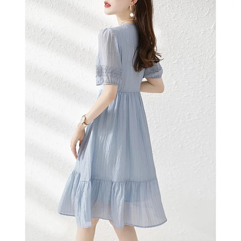 Elegant V-Neck Spliced Folds Diamonds Ruffles Lace Mini Dress Women's Clothing 2023 Summer New Loose Puff Sleeve Princess Dress