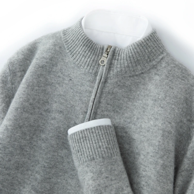 Chicuu suéter masculino 100% caxemira com zíper pulôver mock neck manga comprida básico malhas de caxemira outono inverno roupas tops