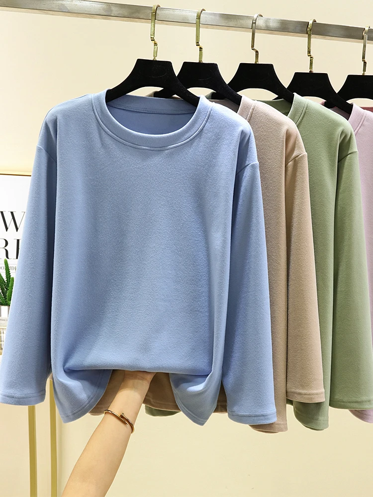 Thiened Fce طويل Sve تي شيرت المرأة الشتاء عادية الجولة Ne البلوز لون نقي فضفاض صالح حجم كبير ملابس داخلية #3