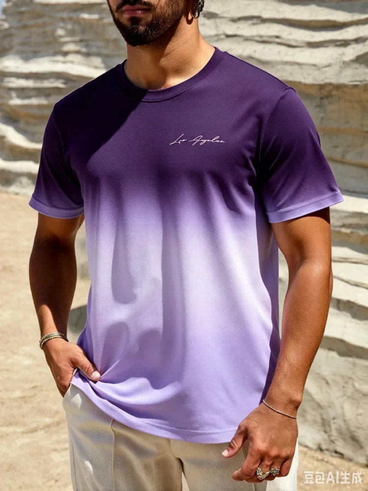 3D Gradient Letter Graphic Printed Men's T-Shirt Casual Comfy O-neck Short Sleeve Tees Outdoor Sports Oversized Men Clothing Top