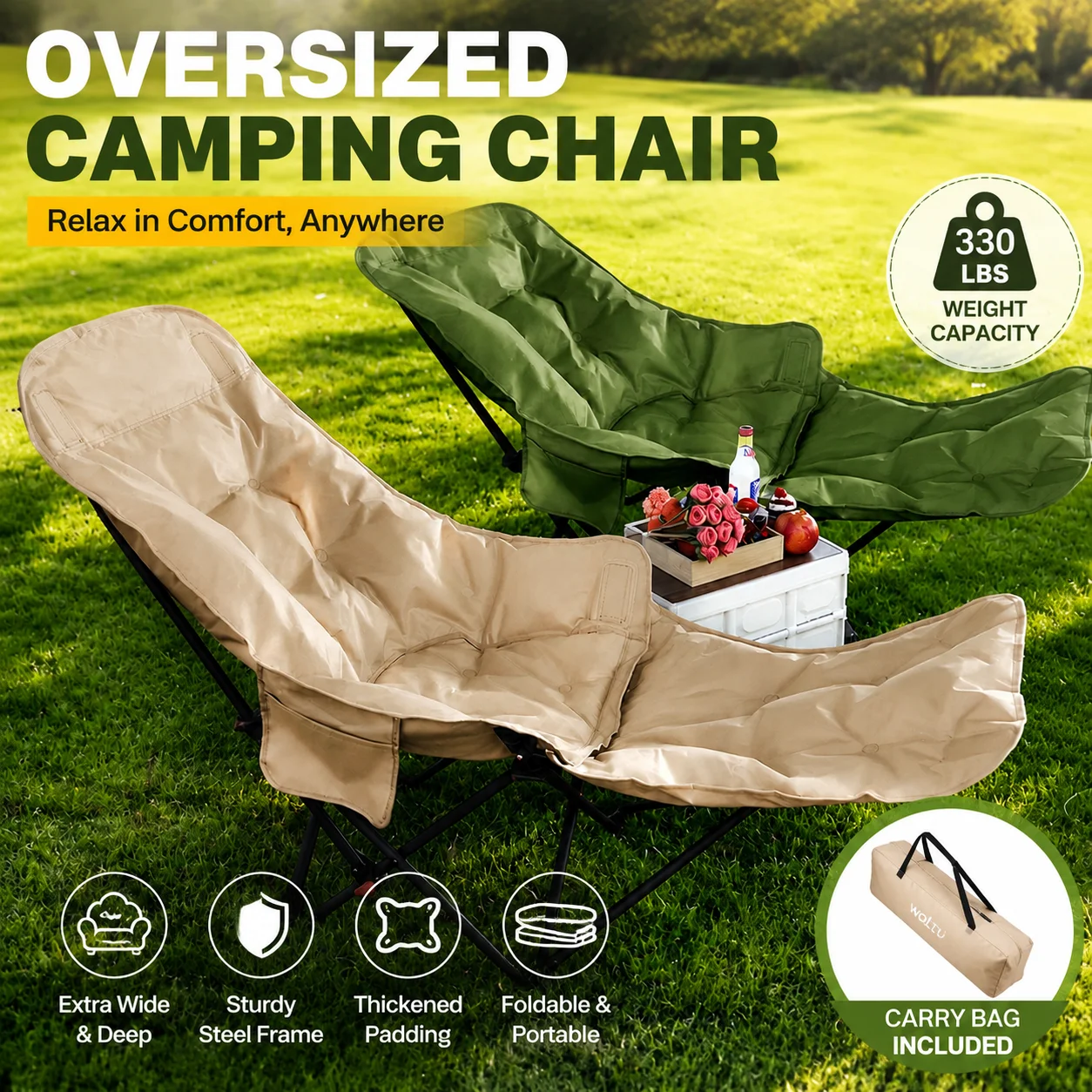 Padded Folding Moon Chair 4-Position Adjustable Camping Beach Lounger Lightweight Recliner with Carry Bag for Outdoor Nap Travel