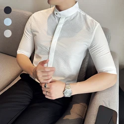 Stand-up Collar Slim Fit Half Sleeve Shirt, Men's High-Grade Stretch Top, Seersucker Striped Elegant Shirt, Business Casual New