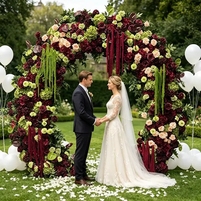 Burgundy Sage Green Trailing Tassel Wedding Arch Flower for Fall Farm Wedding Entrance