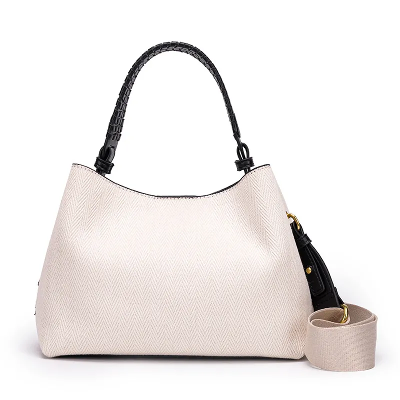 New Summer Women's Canvas Crossbody Bag Braided Handle Magnetic Closure Basket Shape Medium Hardness Shoulder Bag for Business