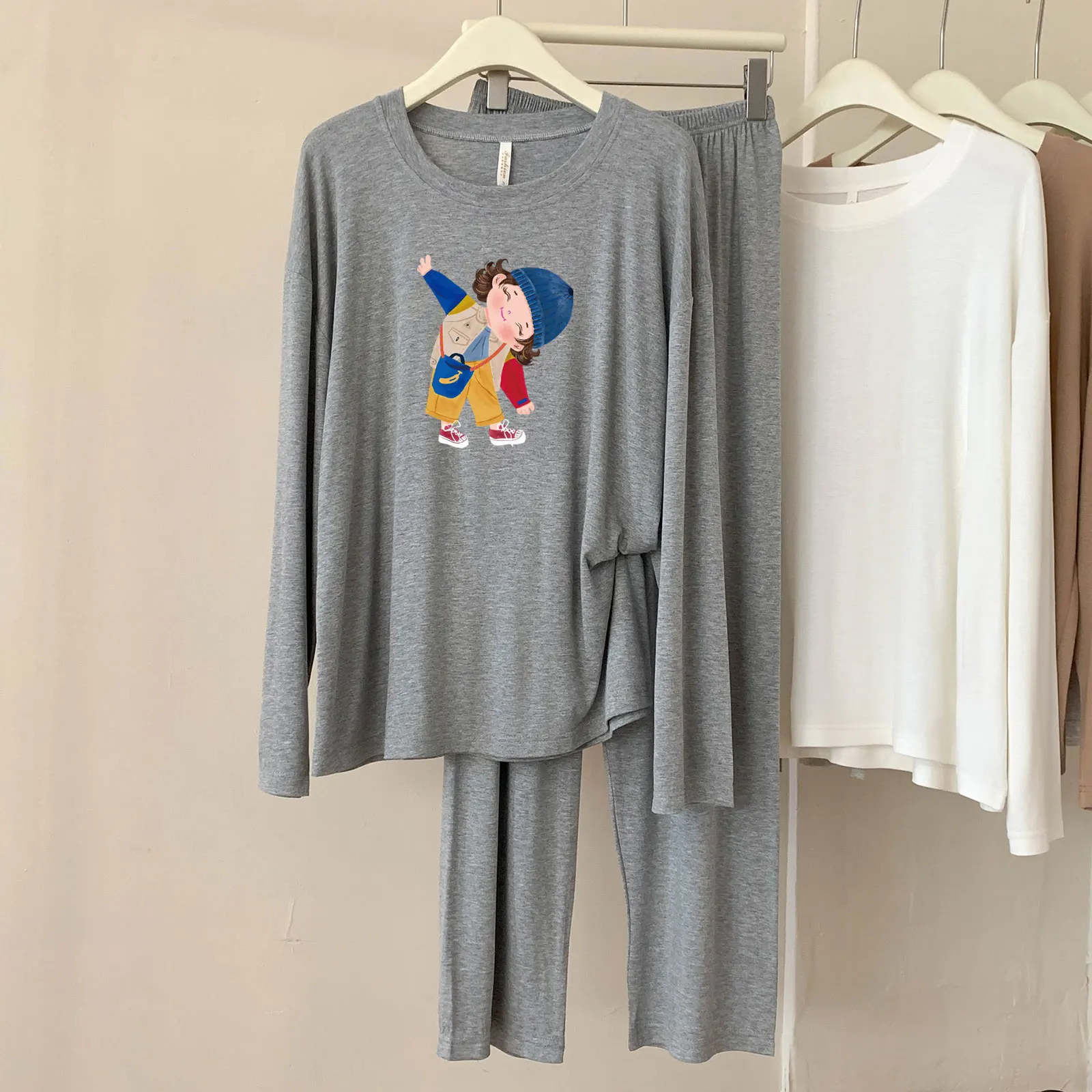 A85 Modal Pajamas Women's Spring and Autumn New Casual Round Neck Long Sleeve Plaid Breathable Homewear Set