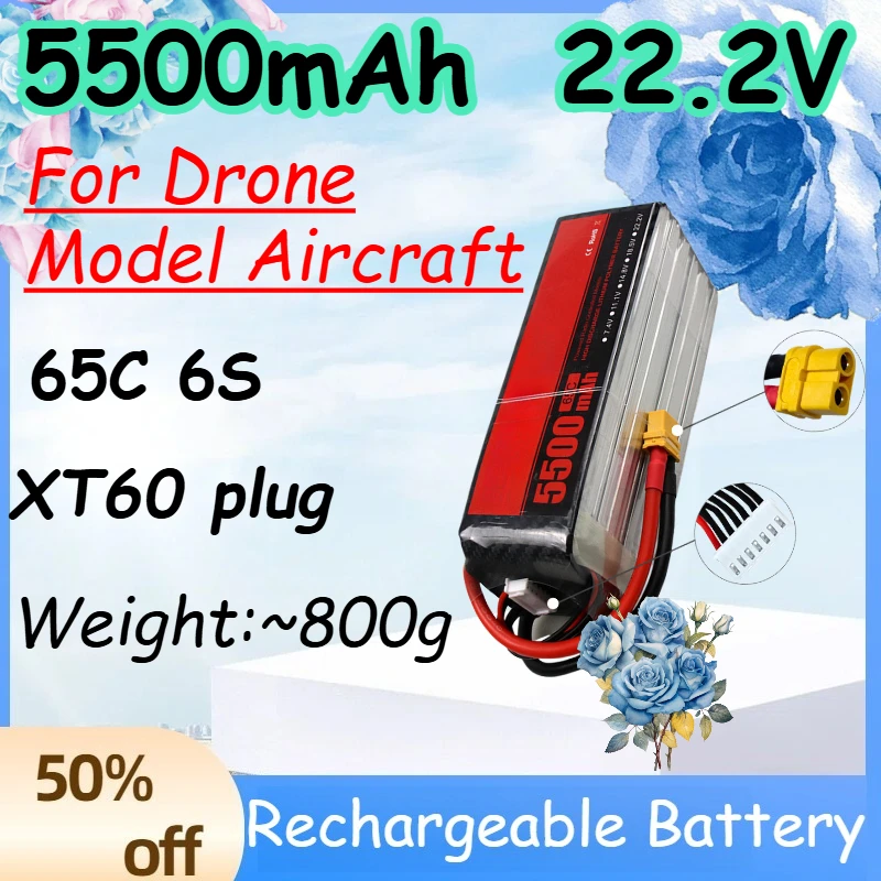 

5500mAh 6S 22.2V 65C Replace Rechargeable Lipo Battery for Drone Model Aircraft Batteries with XT60 Plug