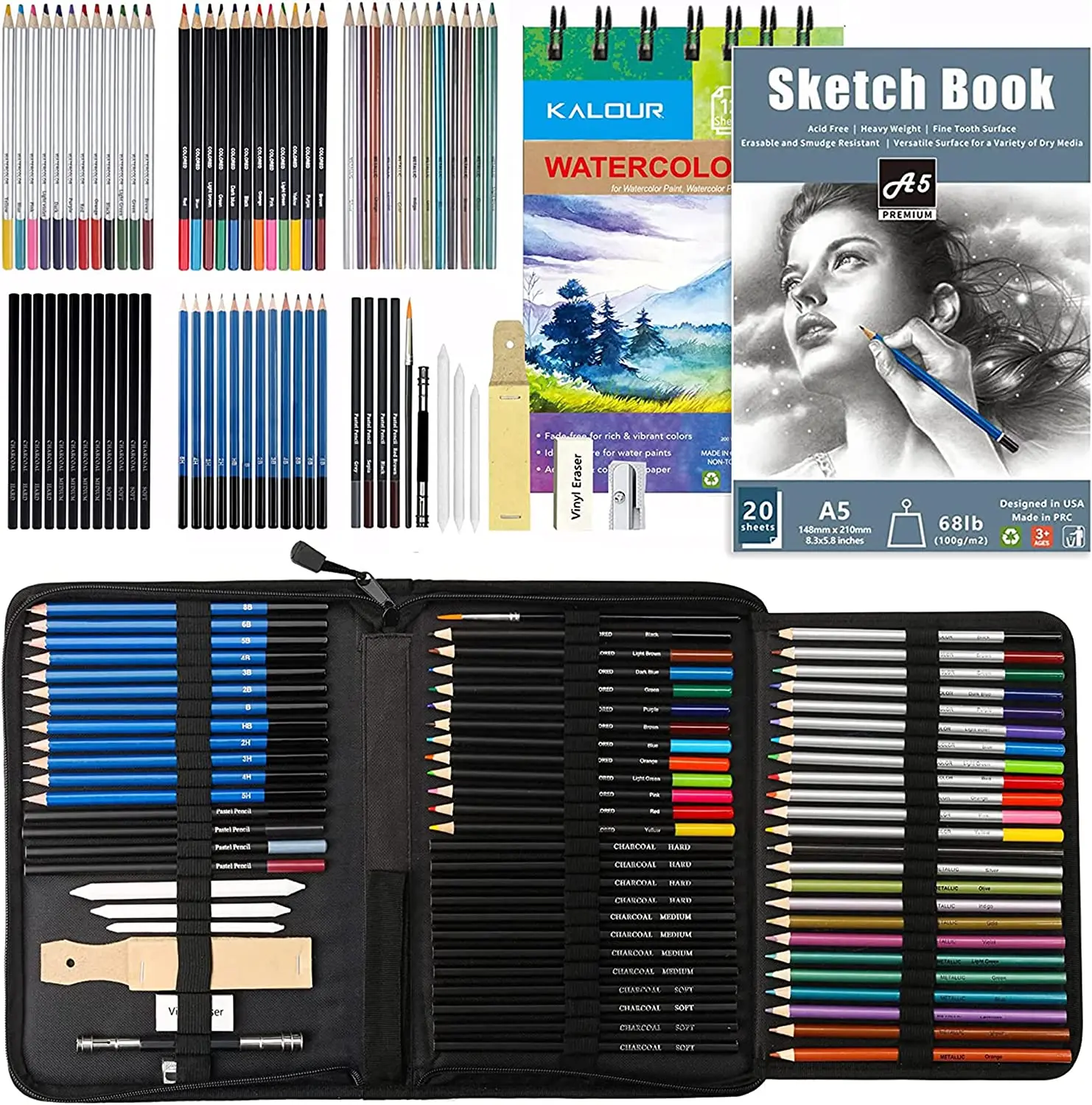 

74 Drawing Sketching Kit Set - Pro Art Supplies with Sketchbook & Watercolor Paper - Include Watercolor,Graphite,Colored,Metall