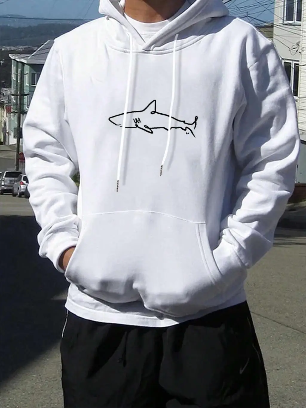 Simple Shark Printing Hoodie For Men Kangaroo Pocket Drawstring Pullovers Thermal Fleece Warm Sweatshirts Autumn Casual Clothes