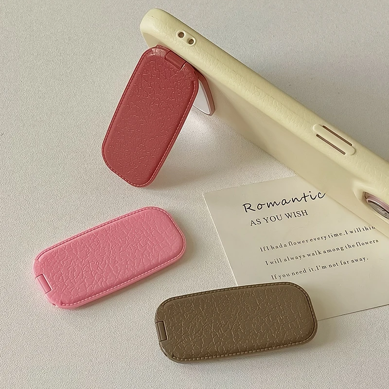 Fashion Leather Pattern Folding Mini Makeup Mirror Adhesive Phone Stand Horizontal Vertical Dual-use Portable Desktop Support