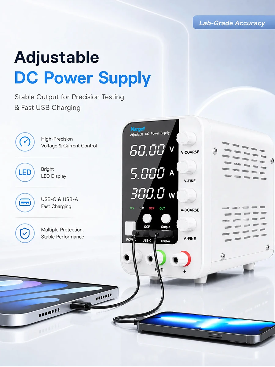 Imagen 4: Fuente de Alimentación de Laboratorio DC 30V 60V 120V, Regulador de Voltaje Conmutable, Control de Corriente Preestablecido Práctico, Adaptador de Corriente para Laboratorio