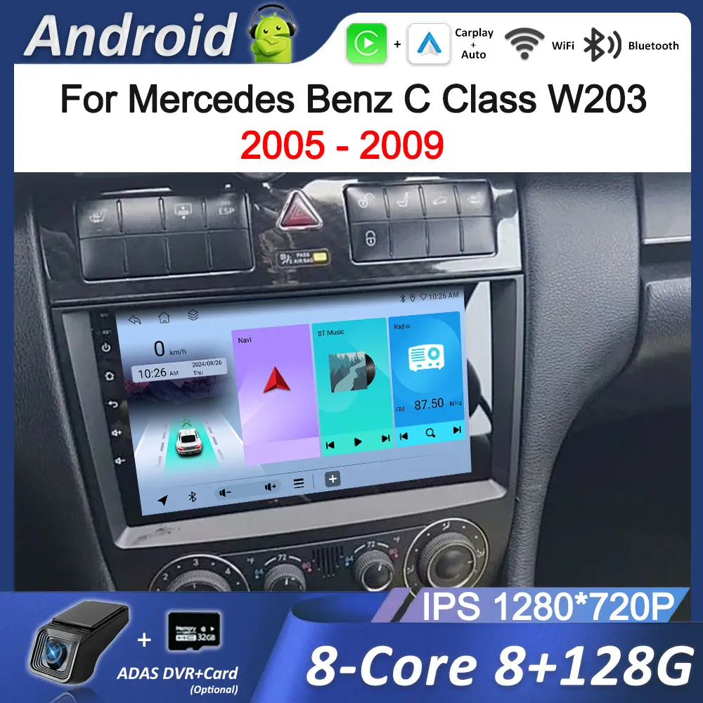 لمرسيدس بنز C الفئة W203 2005 - 2009 راديو السيارة مشغل وسائط متعددة 4G نظام تحديد المواقع نافي Carplay أندرويد OS شاشة تعمل باللمس بلوتوث