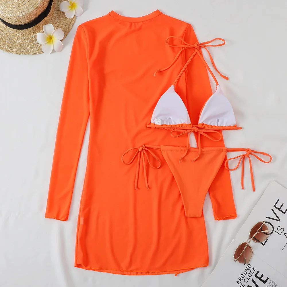 2024 3pack Micro Bikini Swimsuit With Long Sleeve Cover Ups Swimwear Women Kimono Bathing Suit Holiday Bikini Set String Biquini