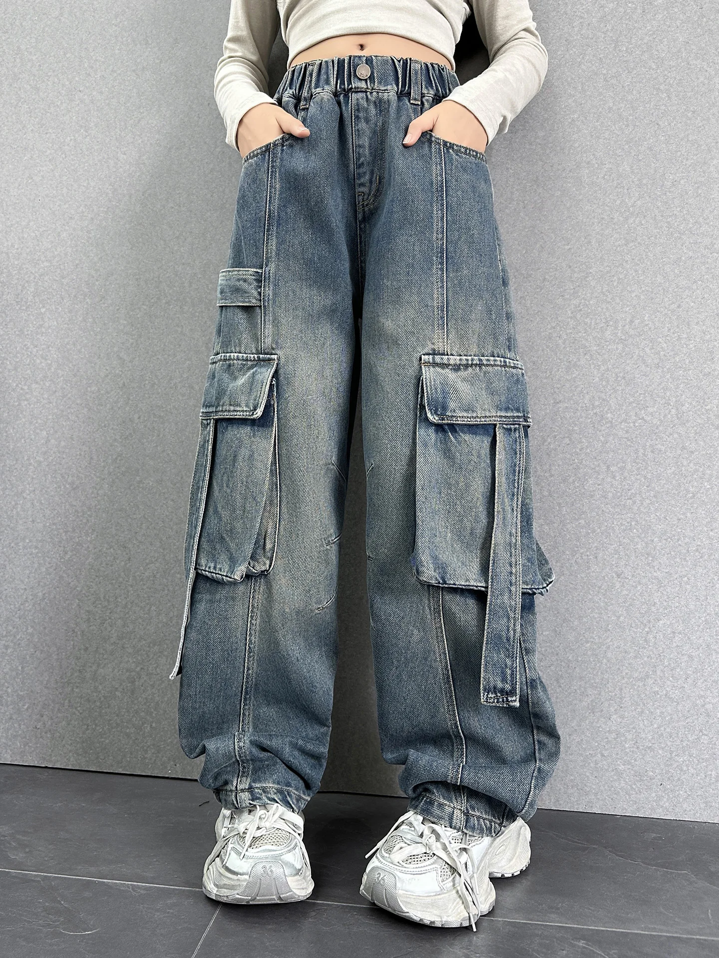 girls-workwear-pants-spring-autumn-casual-wide-leg-jeans-multiple-pockets-children's-clothing-fashionable-all-match-trousers