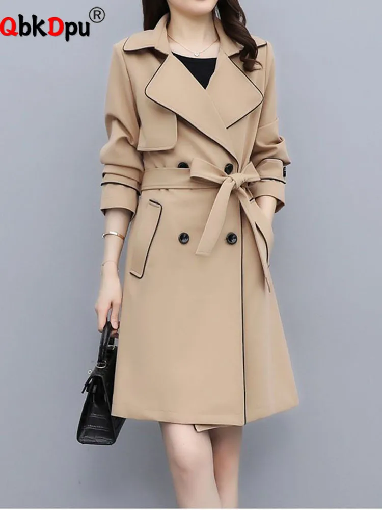 

Women Elegant Lapel Trench Coats Tops With Belt Korean Double Breasted Gabardina Abrigos Casual Long Sleeve Windbreak Jackets