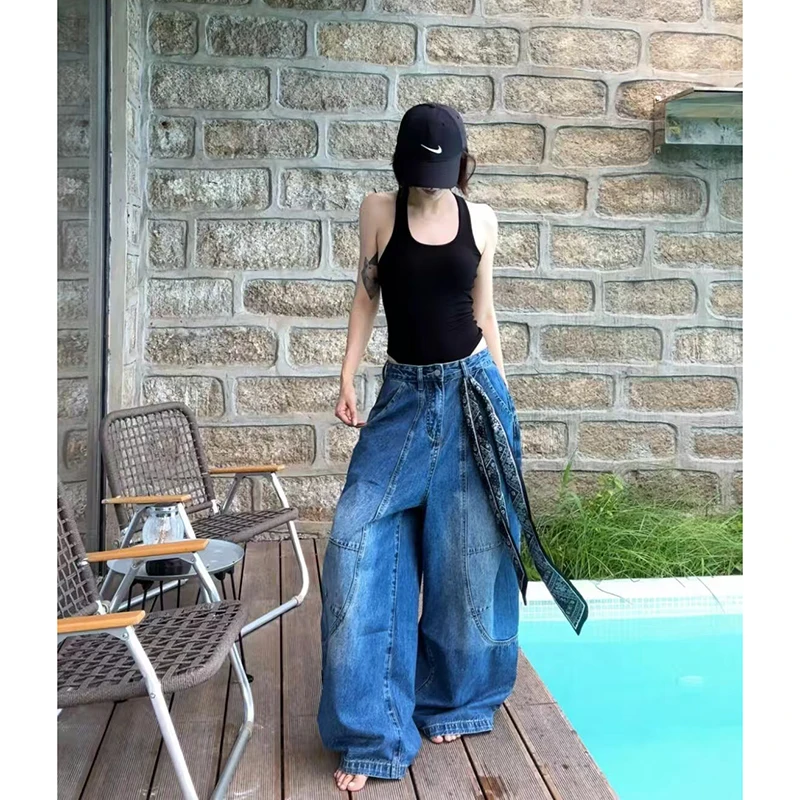 여성 빈티지 블루 배기 진 스트리트웨어 Y2K 2000년대 하이웨이스트 루즈 캐주얼 와이드 레그 팬츠 아메리칸 레트로 보이프렌드 바지