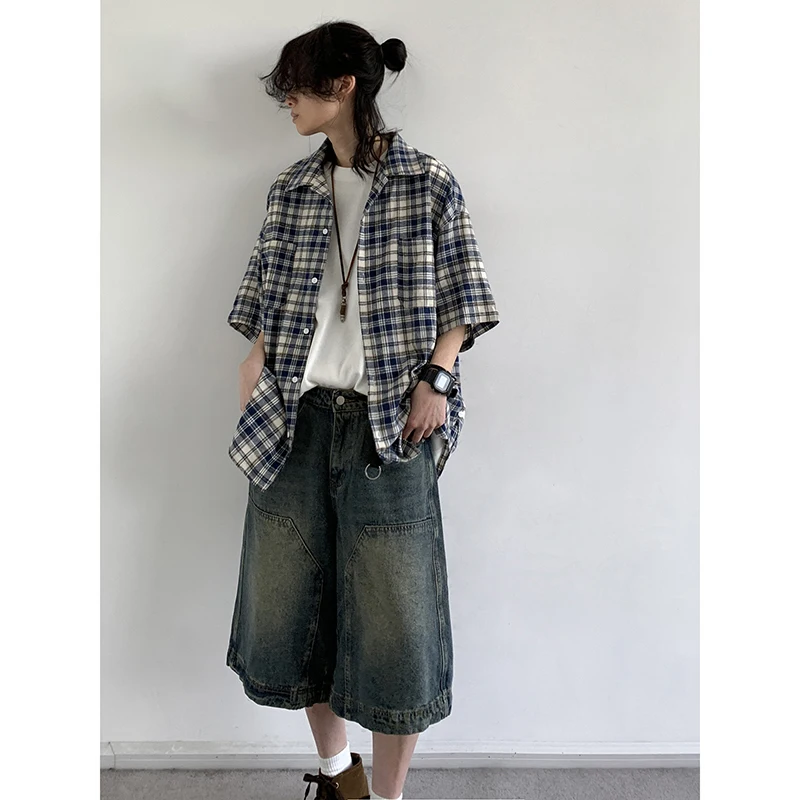 Summer Casual Set Men Women Vintage Plaid Half Sleeve Loose Shirt Street Wash Distressed Denim Shorts New Japanese Oversize Suit