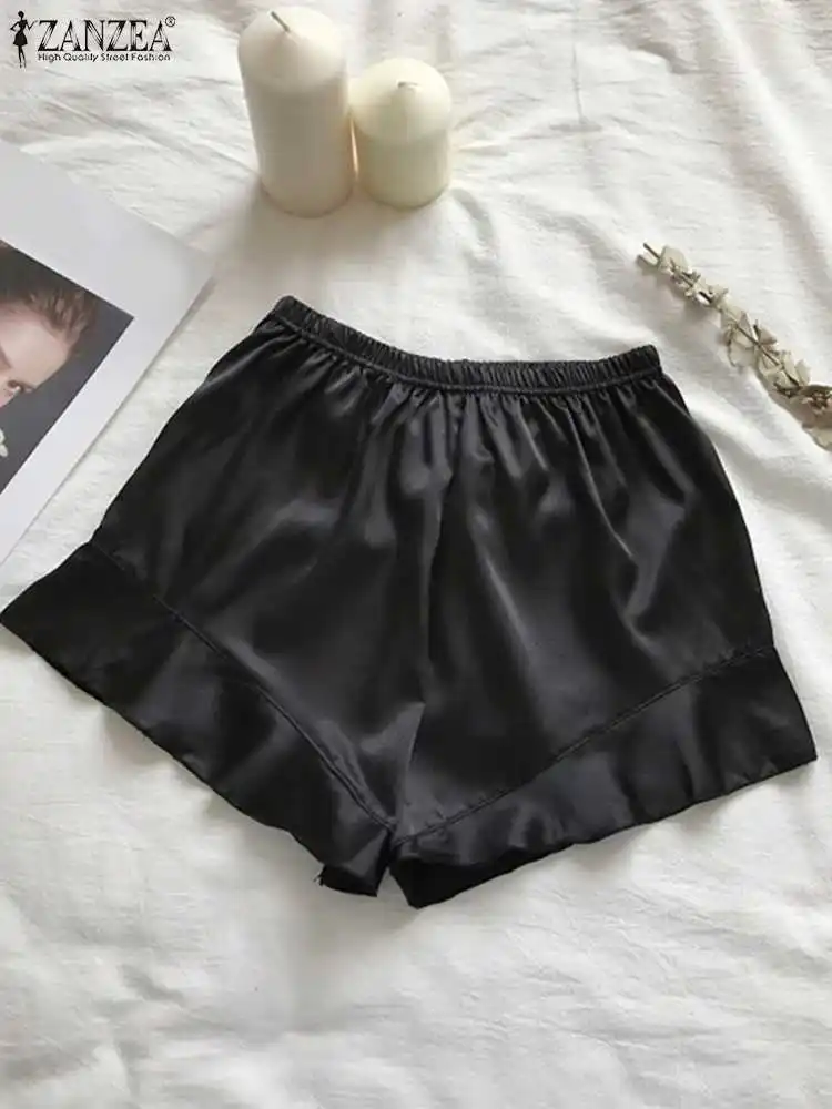 ZANZEA Summer Satin Home Sleep Shorts Elegant Silk Ruffled Wear Hot Pants 2024 Women Fashion Loose Elastic Waist Casual Shorts