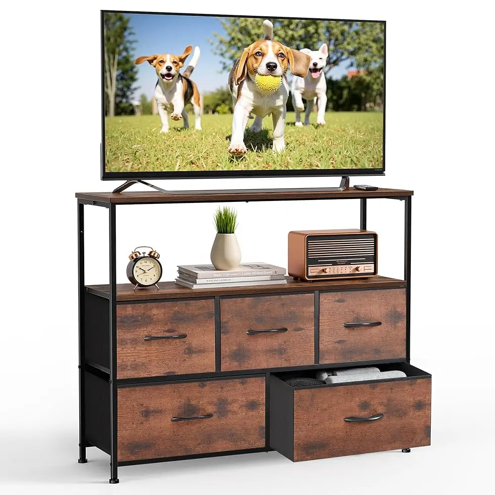

Dresser For Bedroom, Tv Stand For 45 H Tv, 5-Drawer Fabric Storage Cabinet With Open Shelves, Console Table, Entertainment
