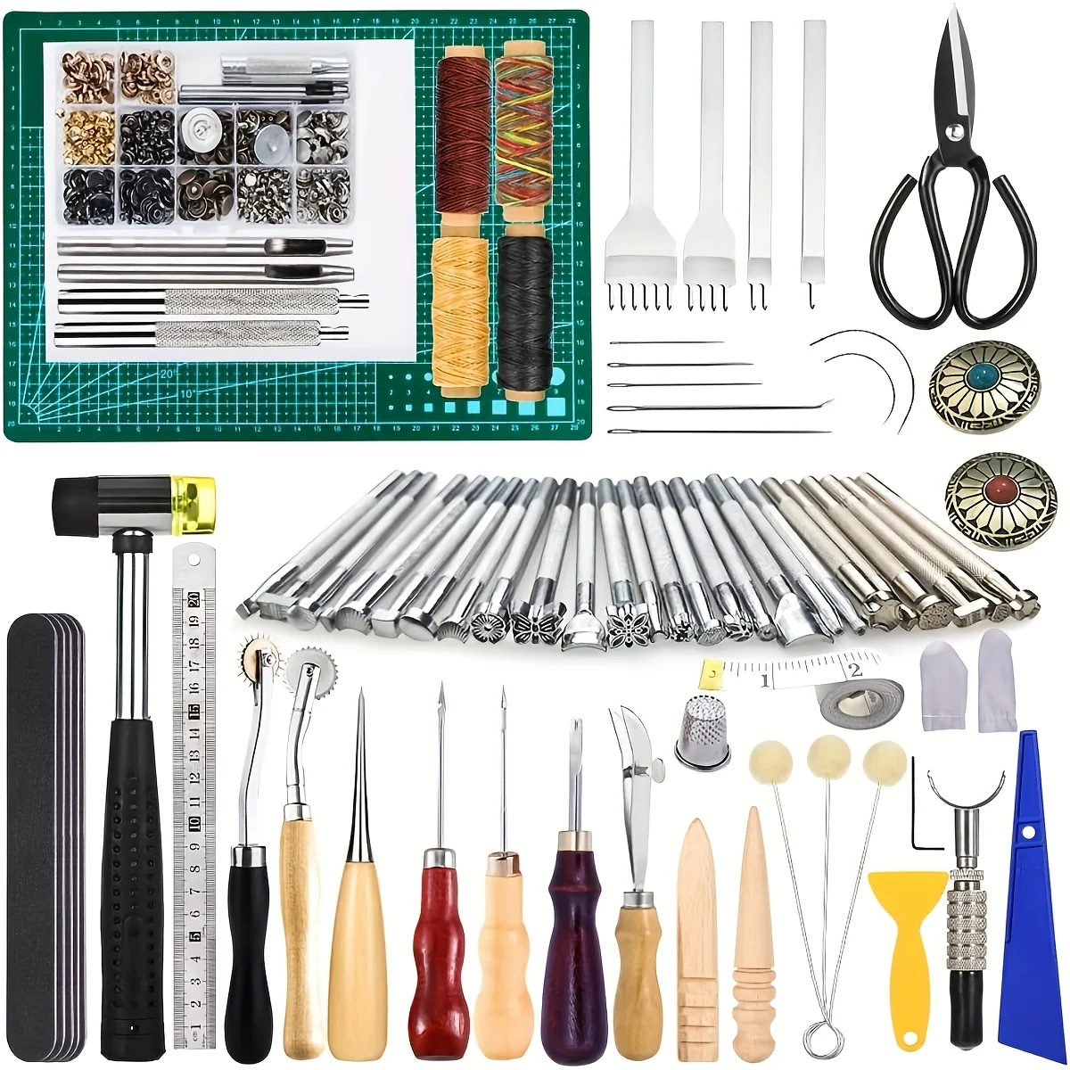 

243Pcs Leather Working Tools Kit with Instruction Stamping Punches Snaps Fasteners Set Waxed Thread Cutting Mat DIY Craft Kit