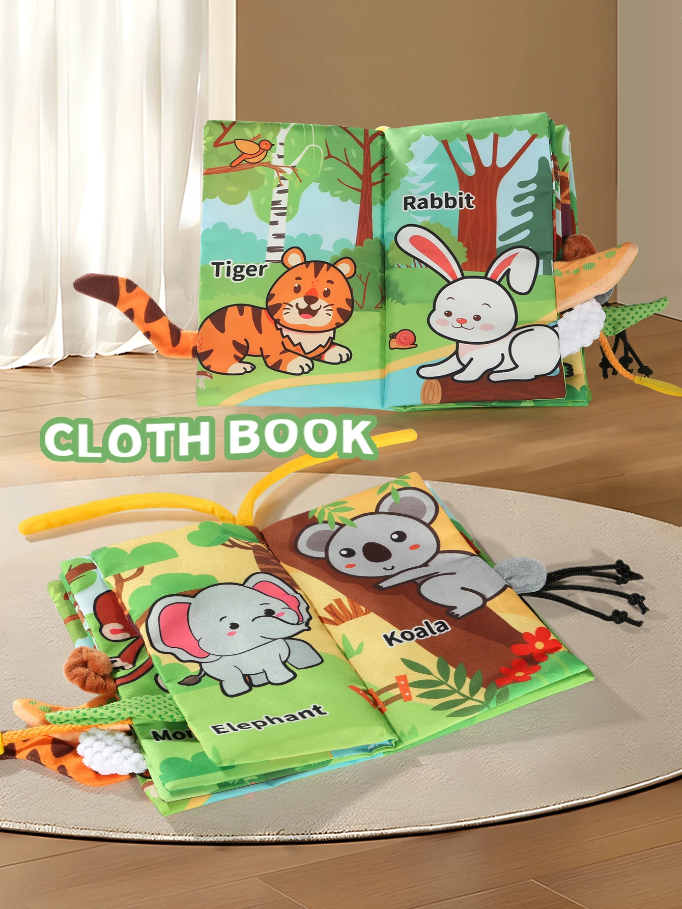 아기 동물 파티 천 책 6페이지 찢어지지 않는 촉각 꼬리 감각 부모-자녀 상호작용 초기 교육 장난감