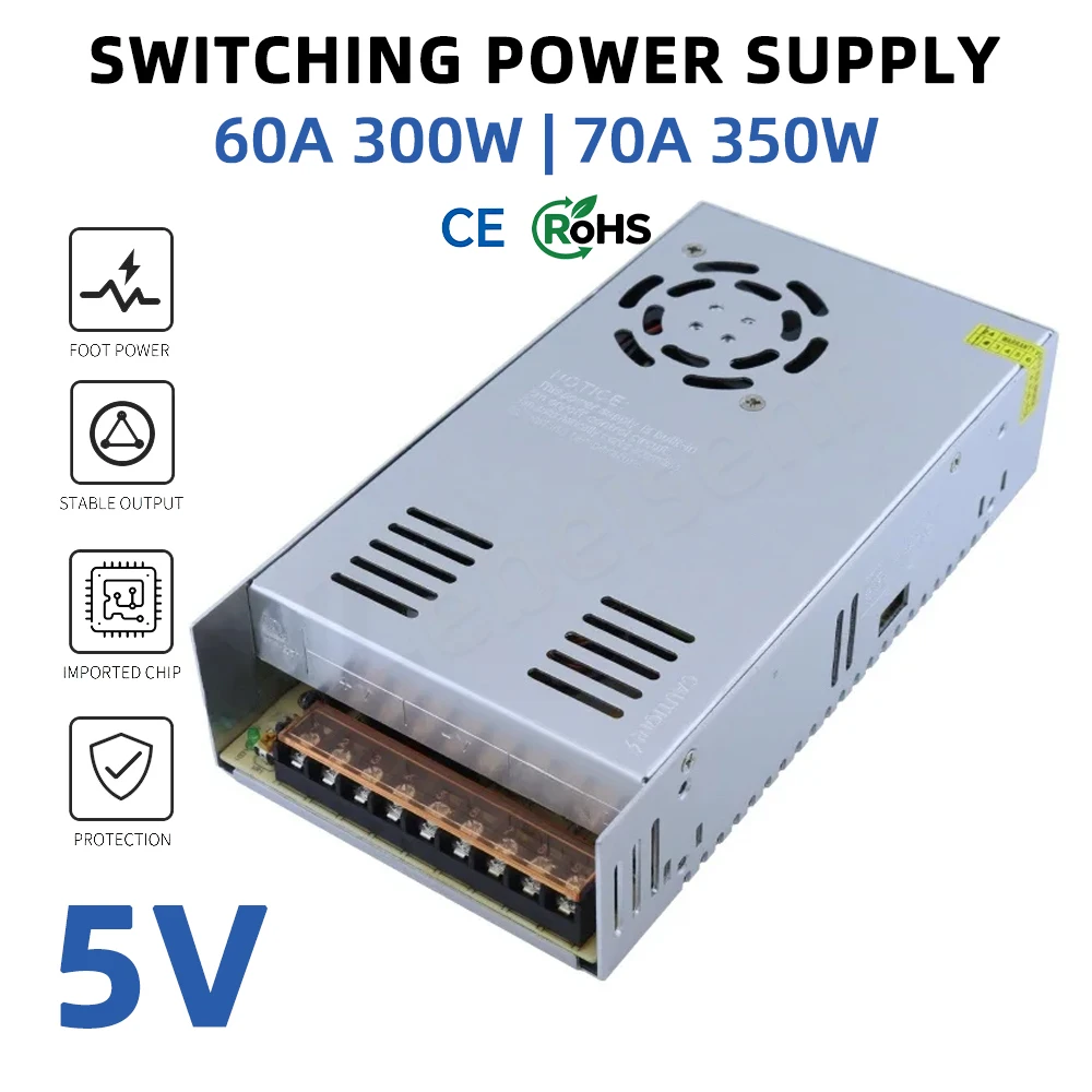 5V 60A 70A 300W 350W Industrial Fan Cooling Power Supply AC110/220V Transformer for Commercial LED Screen Billboard Monitoring