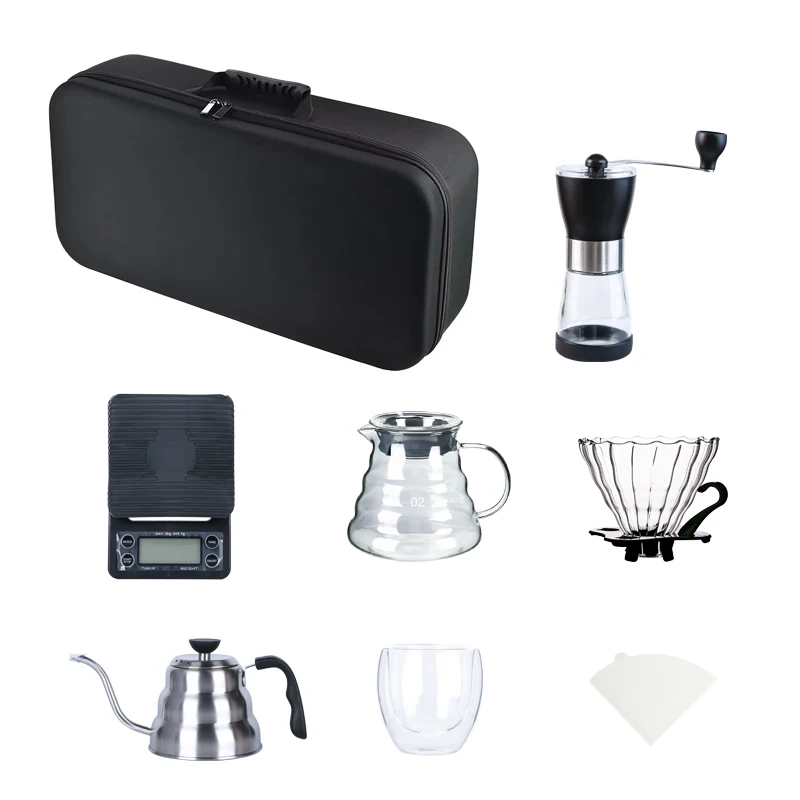All in One Minimalist Glass Eco-Friendly Household Barista Coffee & Tea Set Family Gift Pour Over Tea Kettle Grinder