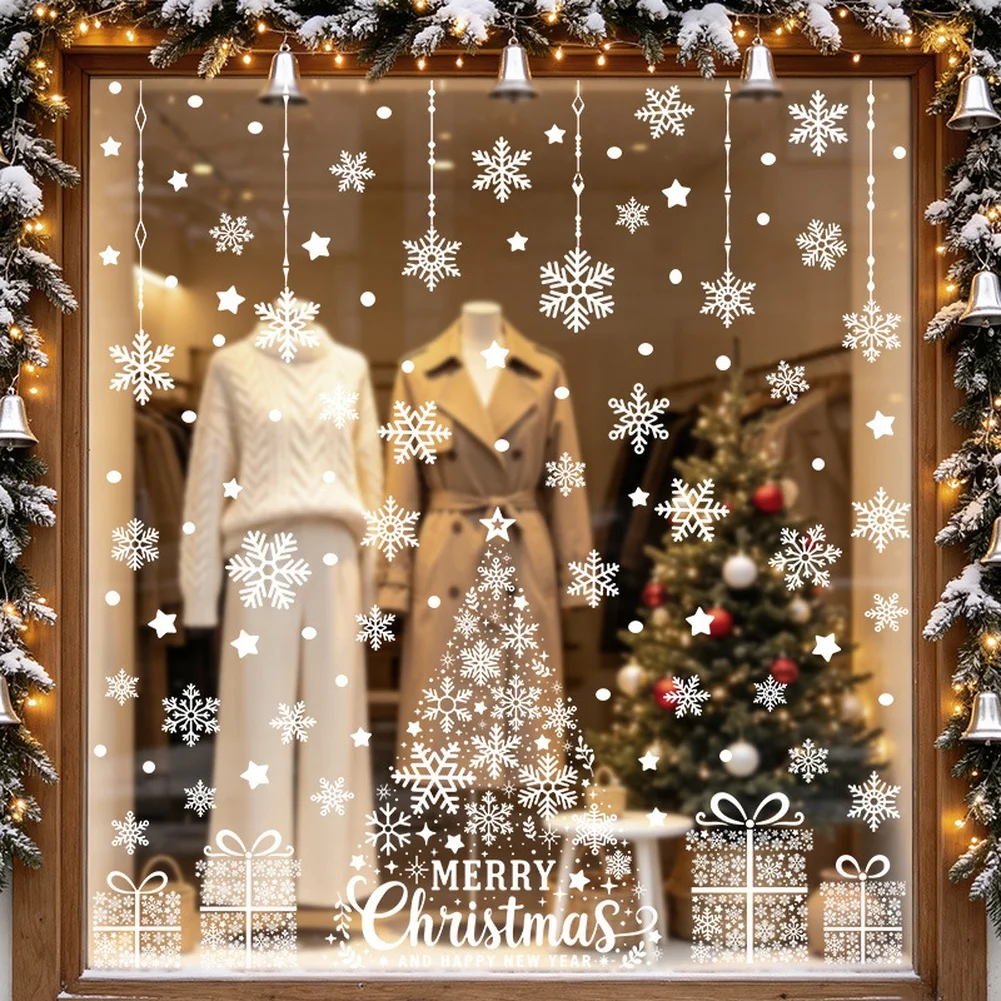 Window for static Cling Decoration Pack of 4 with Winter House Tree and Snowflake Graphics for Seasonal Indoor Display