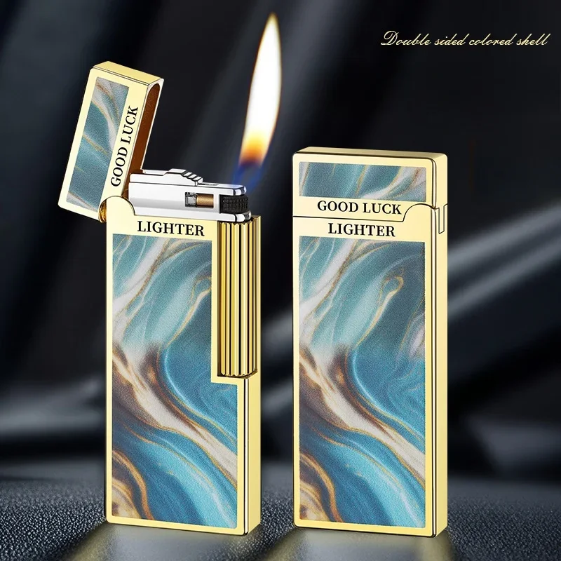 Metal Ultra-thin Double-sided Pattern Open Flame Butane Gas Lighter Side Pulley Lighter Portable Inflatable Smoking Lighters