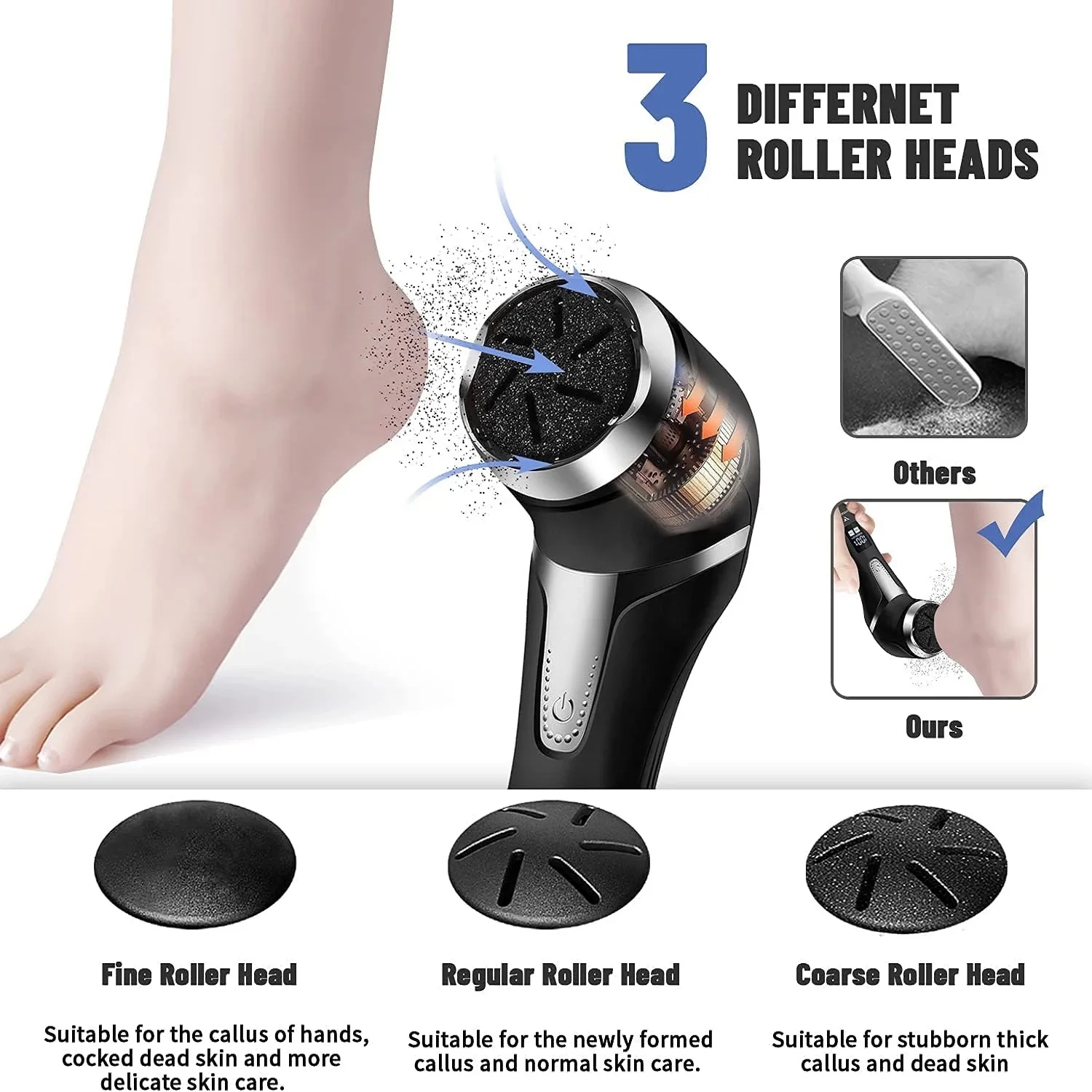 USB Rechargeable Electric Foot File Pedicure Foot Sander IPX7 Waterproof 2 Speeds Eliminate Feet Dead Skin and Calluses Remover