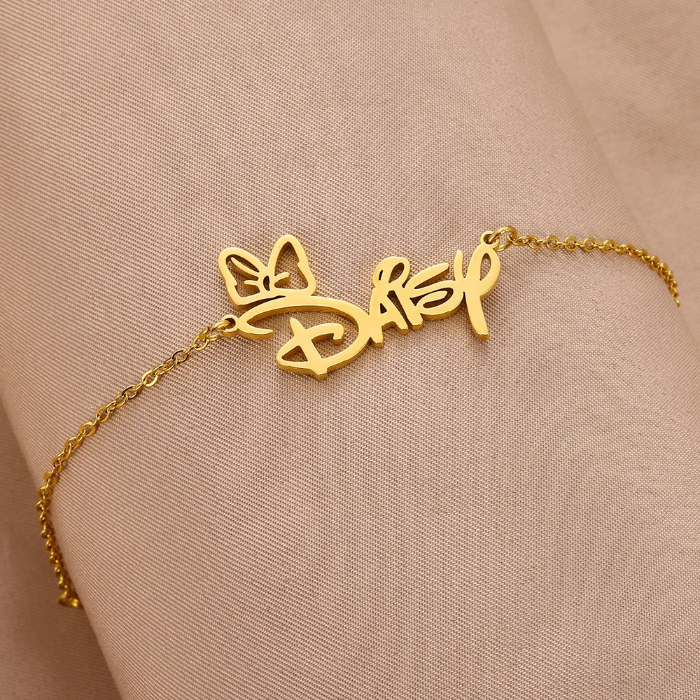 Custom Cute Cartoon Name Bracelet Femme Jewelry Stainless Steel Gold Color Personalized Bowknot Nameplate Women Girl Gifts