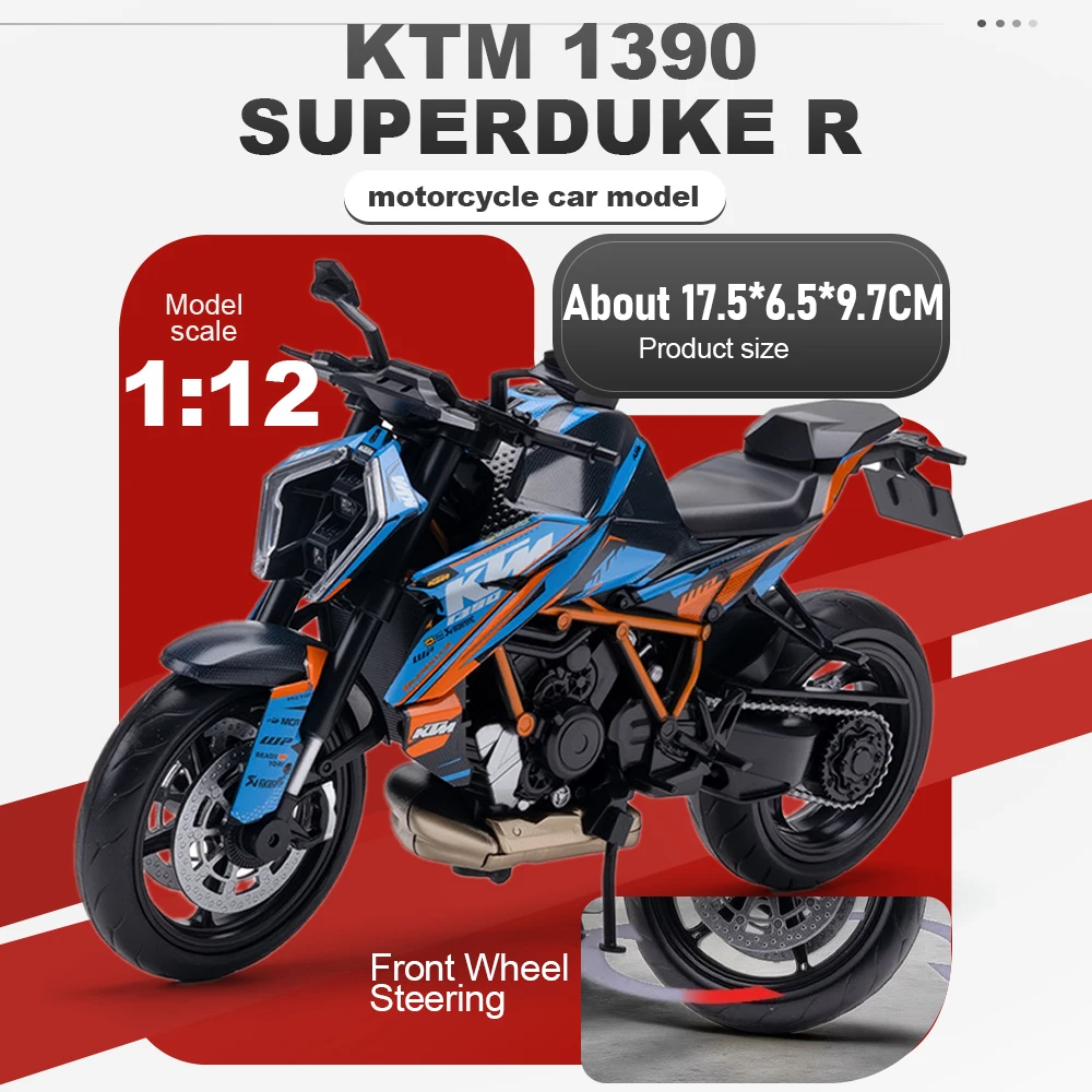 

Металлическая модель мотоцикла KTM 1390 Superduke RC390 в масштабе 1:12 с амортизацией и поворотным рулем, игрушка для детей