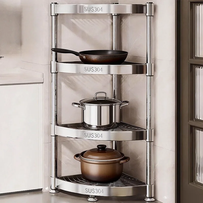 Stainless Steel Corner Storage Rack Floor-Standing Multi-Tier Unit for Bathroom Toiletries or Household Seasoning Storage Shelf