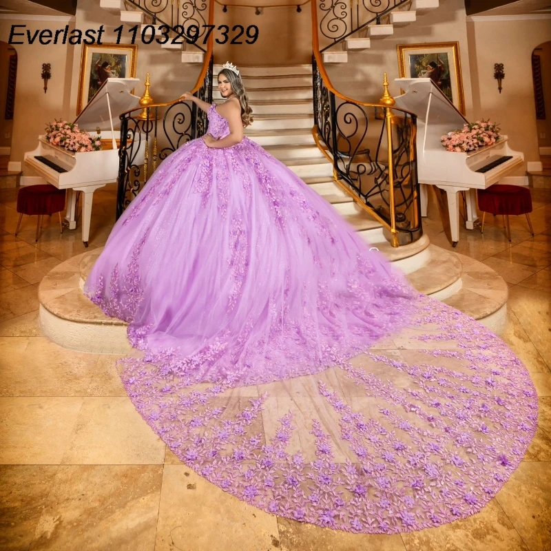 EVLAST Customized Lilac Quinceanera Dress Ball Gown Shiny Lace Applique Beaded Mexican Sweet 16 Vestidos De 15 Años TQD881