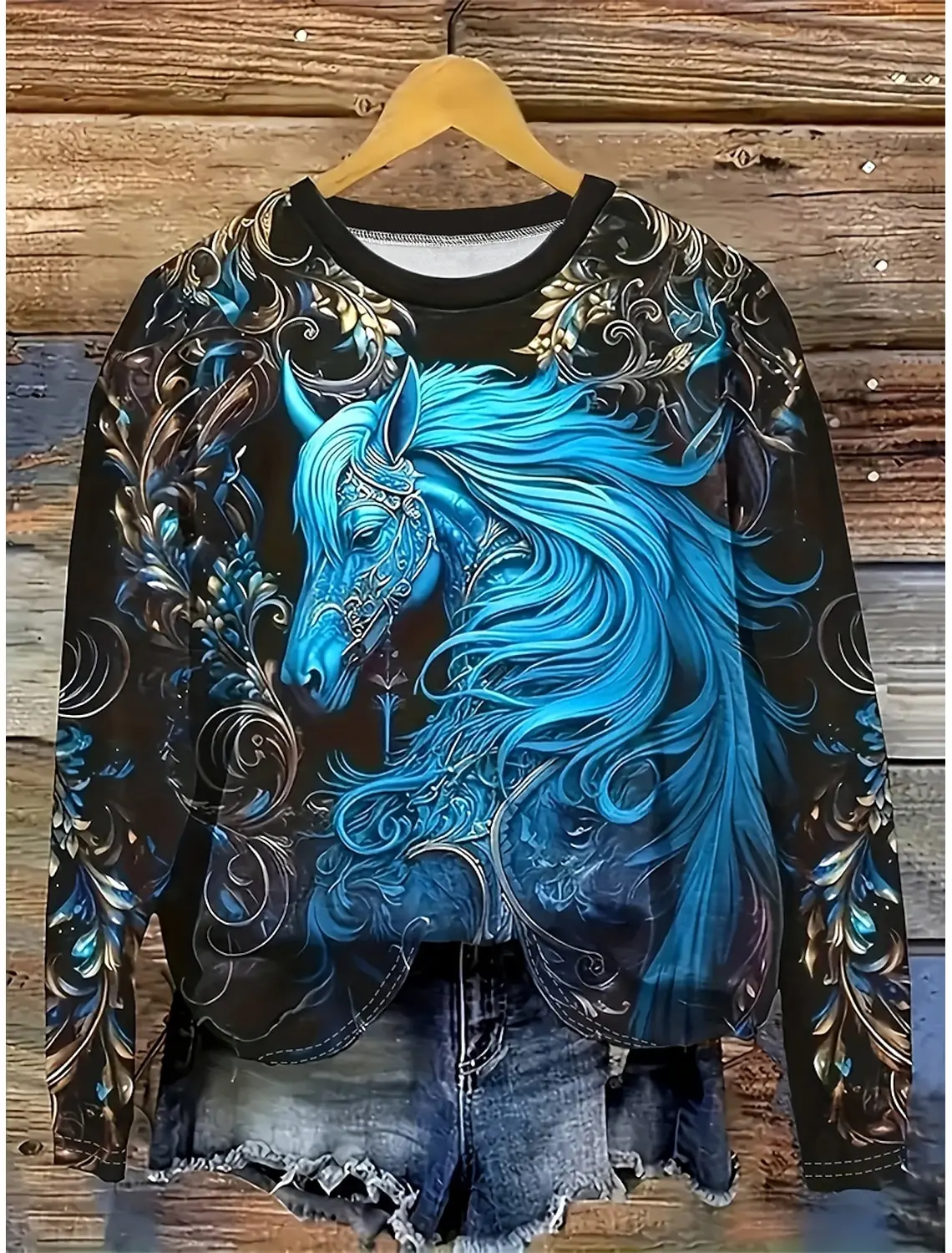 Camiseta de manga larga con estampado 3D de caballo a la moda para mujer, camisetas informales de otoño para regalos de vacaciones, camisetas para Festival, ropa Harajuku para mujer