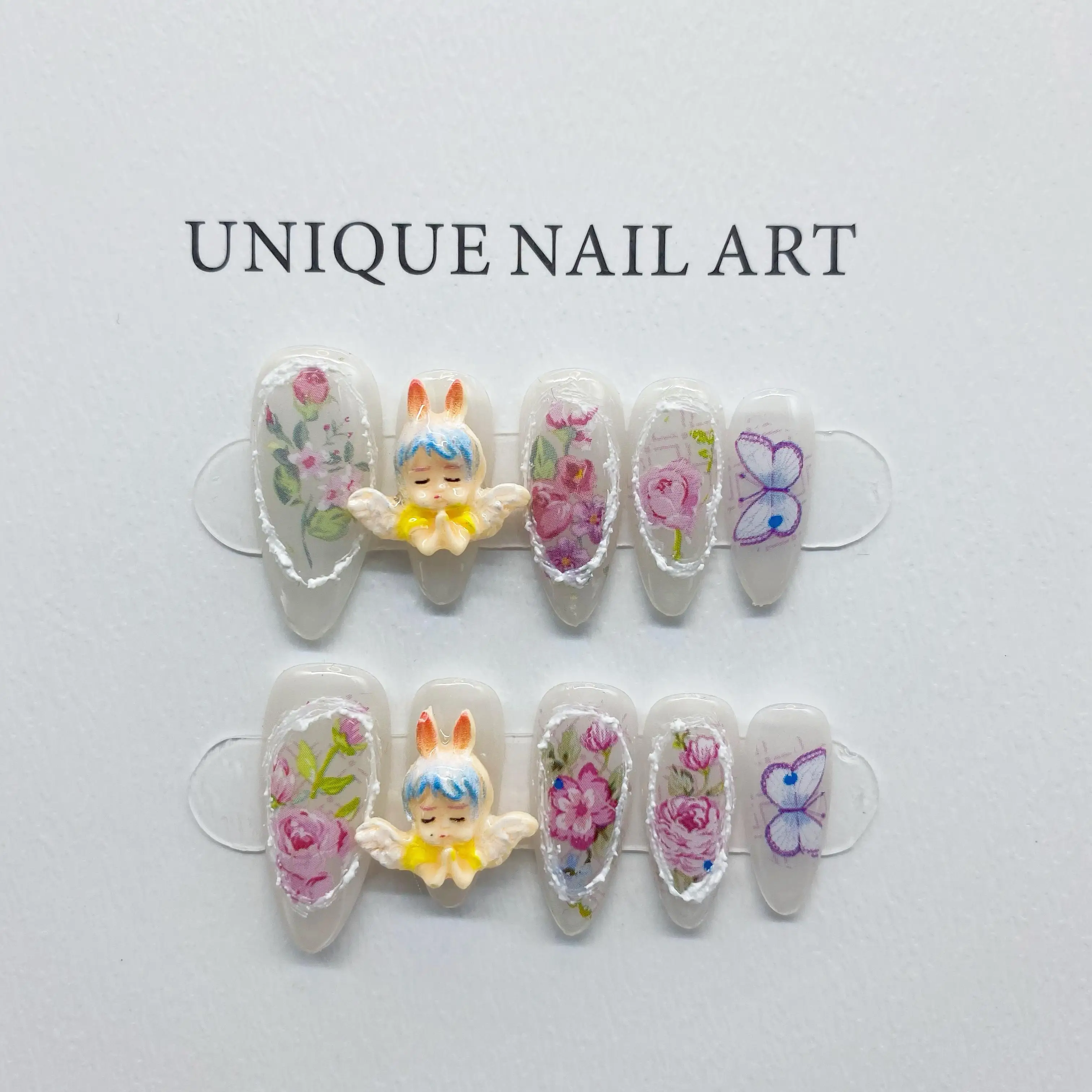 Japanese Almond Cute Angel Celebrity Detachable High-Quality Reusable Elegant White Press On Nails.No.D079