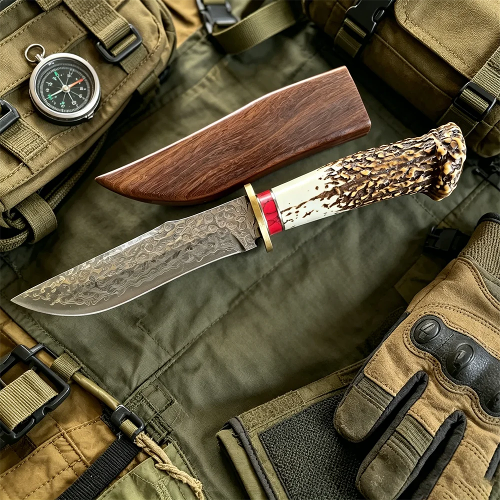 

High Hardness VG10 Damascus Blade with Resin Antler Handle pocket knife Survival EDC Camping Tools with gift box