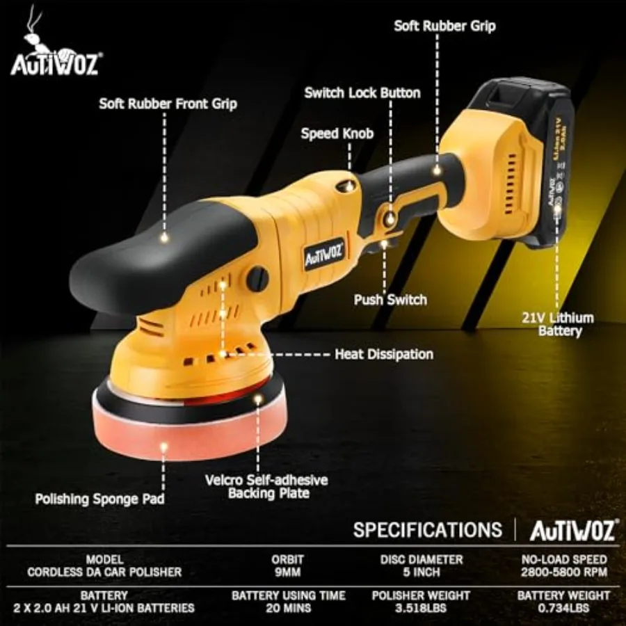 ملمع عازل للسيارة اللاسلكي مع بطاريات 2 × 2000 مللي أمبير في الساعة 21 فولت وتصميم مداري عشوائي مقاس 5 بوصات لتفاصيل السيارات من الدرجة الاحترافية #2