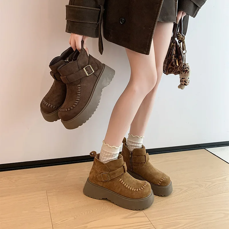 

Winter Platform Thick Bottom Women Ankle Boots Height Increase Women's Shoes Female Round Toe Slip On Short Booties