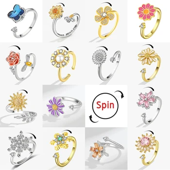 Koreańska moda Daisy Spinner Fidget Ring Wiele stylów Słonecznik Róża Płatek śniegu Obracaj się swobodnie Antystresowe pierścienie przeciwlękowe Ślub