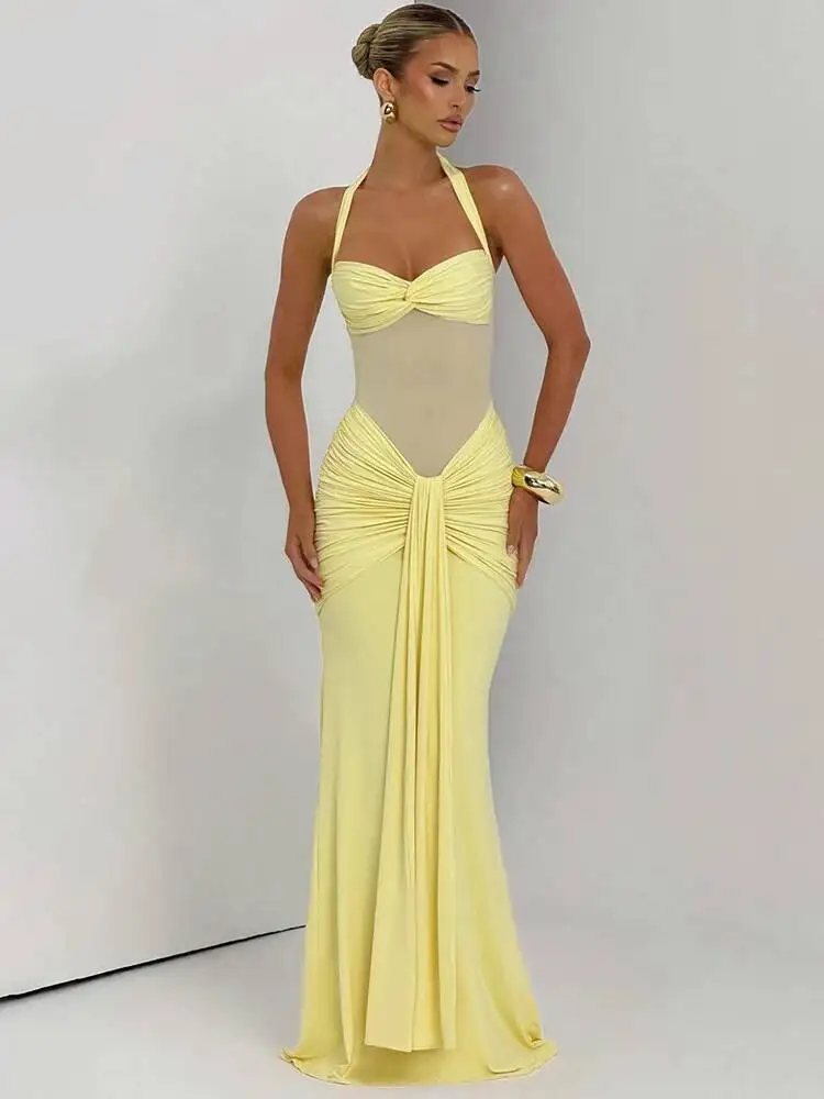 

Halter Backless Sexy Maxi Women Fashion Patchwork Off-Shoulder Sleeveless Ruched Draped Bodycon Club Party Dress