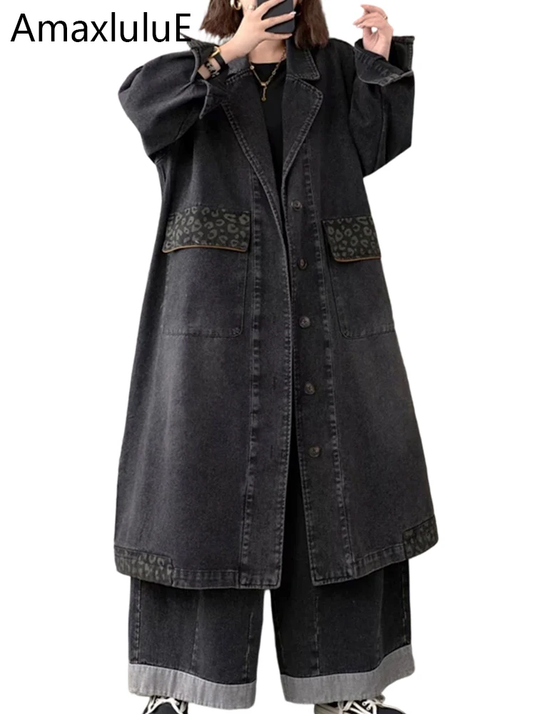 

Amax LuluE 2025 Autumn Fashion Coats Womens Leopard Denim Trench Ladies Casual Vintage Long Clothes Classic Loose Windbreakers