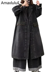 Amax LuluE 2025 Autumn Fashion Coats Womens Leopard Denim Trench Ladies Casual Vintage Long Clothes Classic Loose Windbreakers