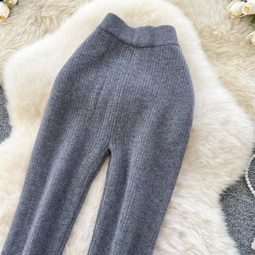 Karofi Thermo-gefütterte Strickleggings für Damen, hohe Taille, warme, mit Fleece gefütterte Stretch-Ripp-Hose, weiche, dünne Winterhose P309 – Detail 6