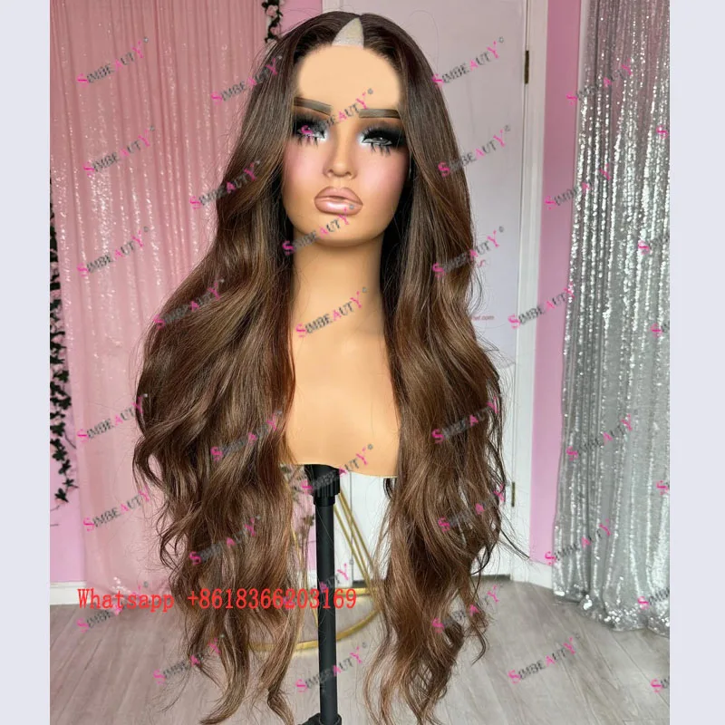 Long 28Inch Slightly Wavy Golden Dark Brown Adjustable Full Machine Made V Part Wigs for Black Women Easy Install U Part Wigs