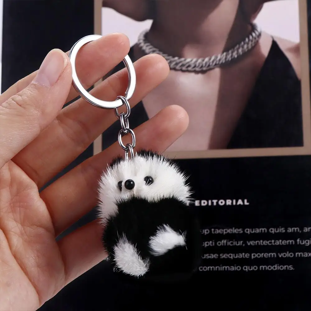 Mink Fur Panda Keychain Mini Mink Pendant Plush Mink Keyring Korean Style Black White Plush Stuffed Animal Cute Bag Pendant