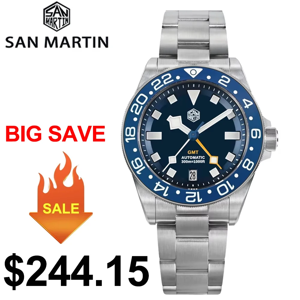 San Martin SN0121TC Titanium 39mm Watch NH34 GMT Automatic Movement Sapphire 24 Click BGW9 Luminous 30Bar Waterproof Watches