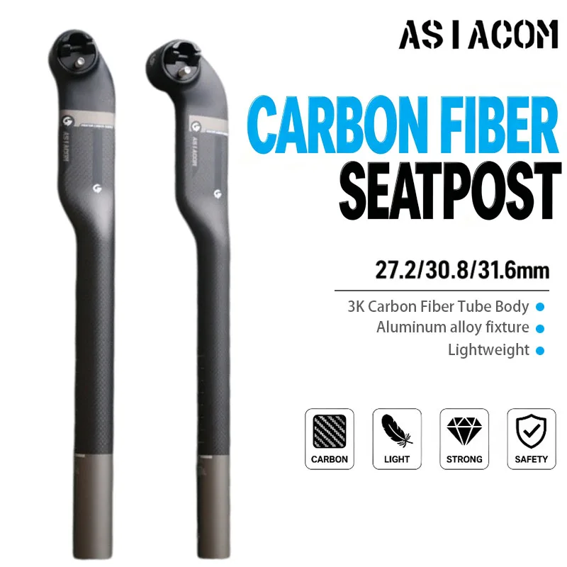 ASIACOM Carbon Fiber Aero Seatpost Round Head 5/25 Degree Offset MTB Road Bicycle Seat Post Replacement Accessories