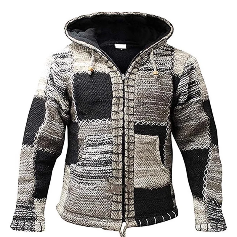 

Men Autumn Zipper Hoodie Streetwear 2024 Patchwork Hooded Knitted Cardigan New Winter Thickness Drawstring Long Sleeve Sweater